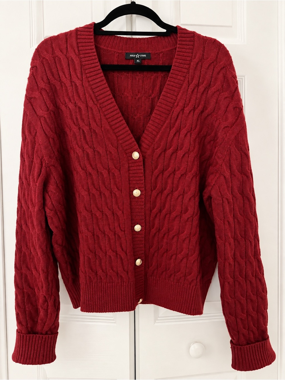 Area Stars Burgundy Cable-Knit V-Neck Cardigan Sweater